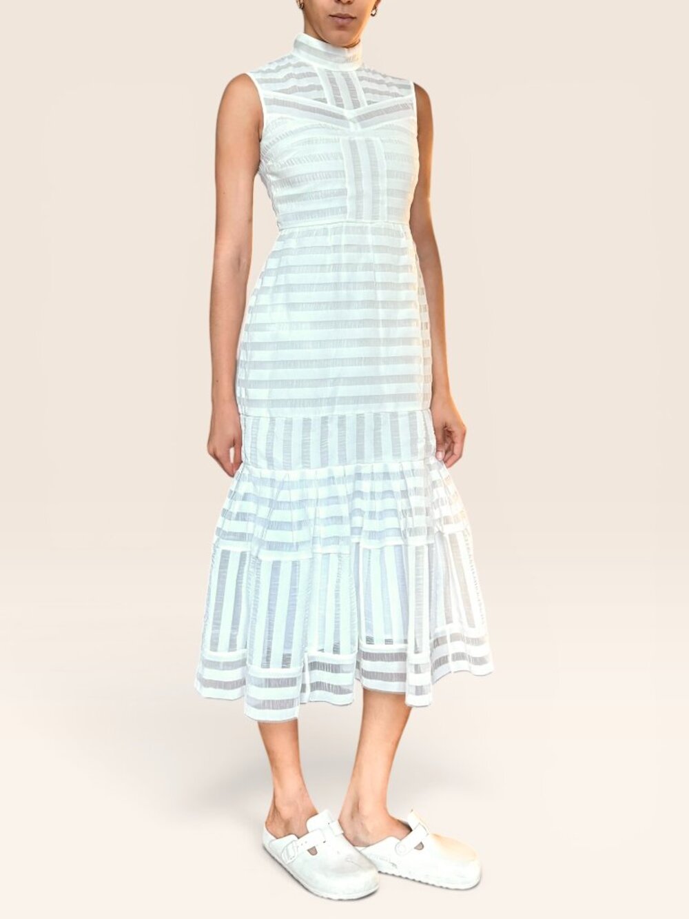Erdem Abrielle Ivory White Stripe Silk Lined Tiered‎ Midi Dress US 4 SS16 Bridal - Picture 3 of 12